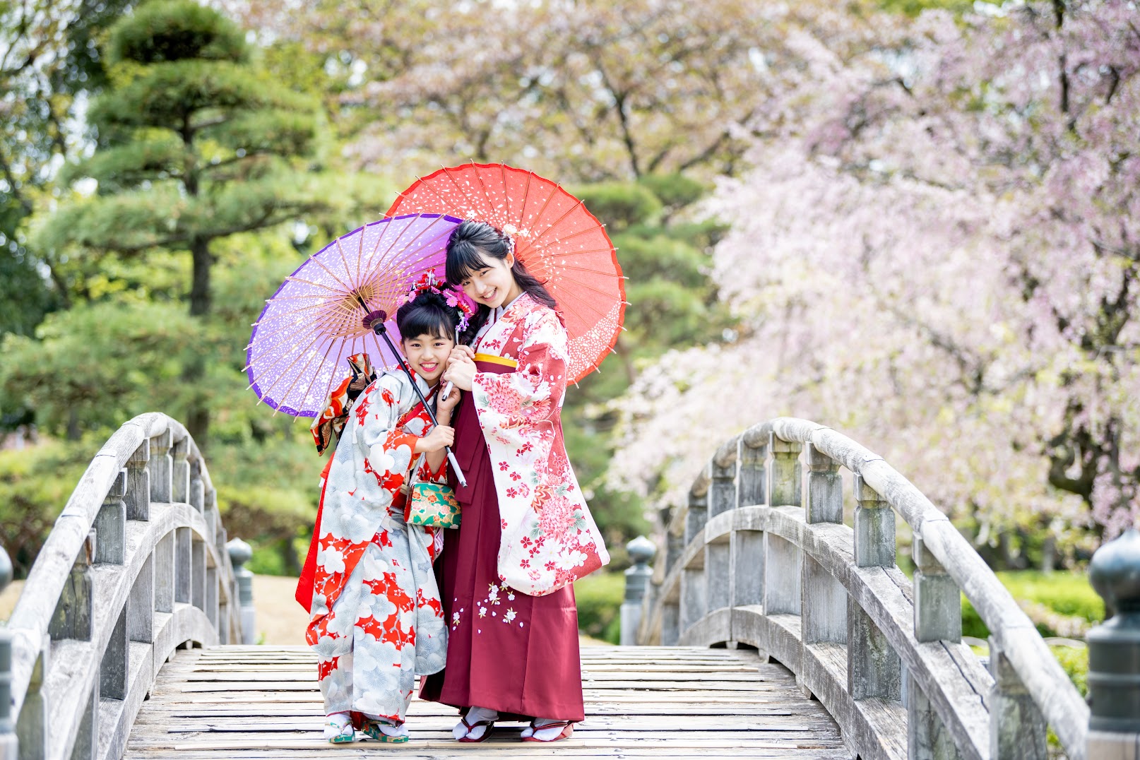 花田苑の池と橋で番傘を持つ七五三の姉妹
